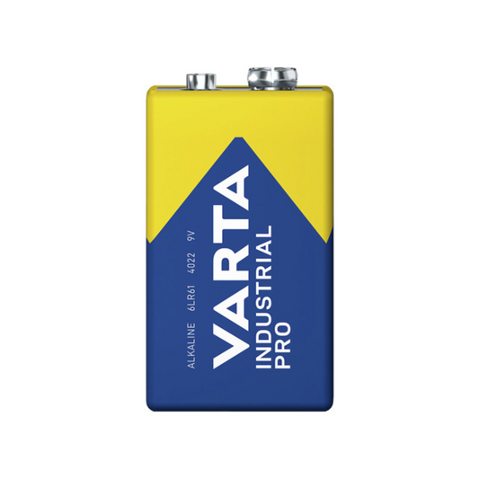 Der Auslaufartikel: Varta Industrial Pro 4022 9V E-Block 6LR61 Blockbatterie der Varta AG hat eine gelbe Oberseite, eine blaue Unterseite, einen vertikalen "Varta Industrial Pro"-Aufdruck und zwei Anschlüsse - verkauft als 20er-Pack für den professionellen Einsatz.