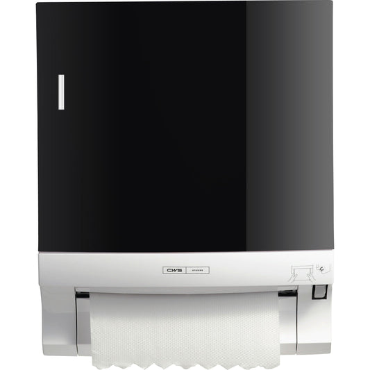 Der CWS Frontpanel für Rollenpapierhandtuchspender Paperroll ist ein schwarz-weißer Wandspender mit sichtbarem Handtuchpapier, kleinen Grafiken und dem CWS Markenlabel auf der Vorderseite - perfekt zur Optimierung von Waschräumen.