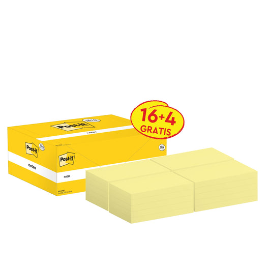 Eine Post-it® Notes Aktionspackung der 3M Deutschland GmbH enthält 16 gelbe Blöcke (76 x 127 mm, je 100 Blatt) plus 4 kostenlose Blöcke (16+4 GRATIS), insgesamt 20 Blöcke pro Packung, alle PEFC-zertifiziert.