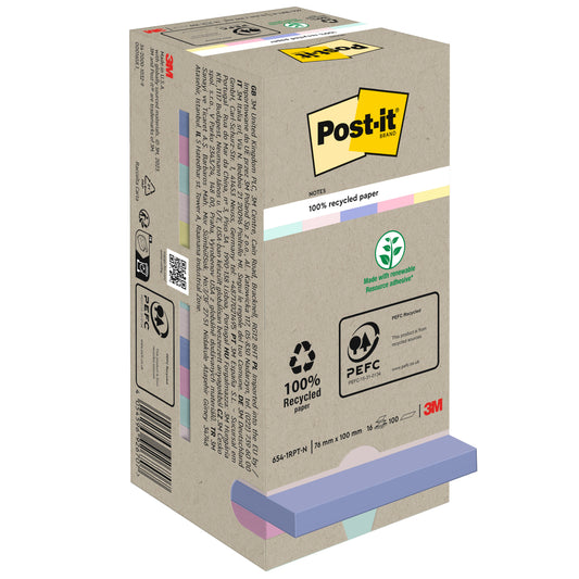 Eine Packung 3M Post-it® Recycling Notes (76 x 76 mm, 100 Blatt, 100% PEFC) steht aufrecht in einer umweltfreundlichen braunen Verpackung mit pastellfarbenen Rändern und dem schwarz-gelben Post-it Logo.