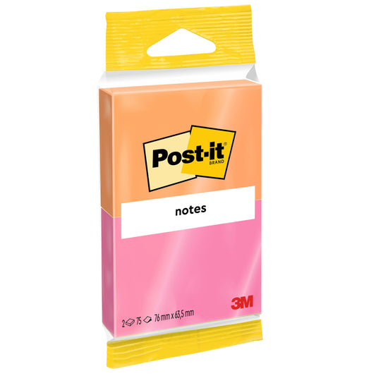Eine Packung Post-it® Notes Joyful Collection von 3M Deutschland GmbH enthält zwei 100% PEFC-zertifizierte Blöcke (SGSCH-PEFC-COC-110078) mit je 75 Blatt im Format 76 mm x 63,5 mm und einem lebendigen Design.