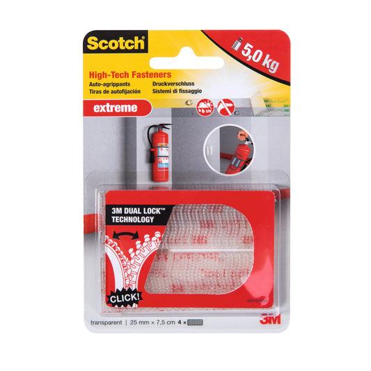 Eine Packung Scotch™ Extreme Verschlüsse von 3M Deutschland GmbH (2 Sets mit 2 transparenten Streifen, 25 mm x 75 mm) enthält Produktinfos und Bilder für eine starke Befestigung, z. B. zur Sicherung von Gegenständen wie einem Feuerlöscher.