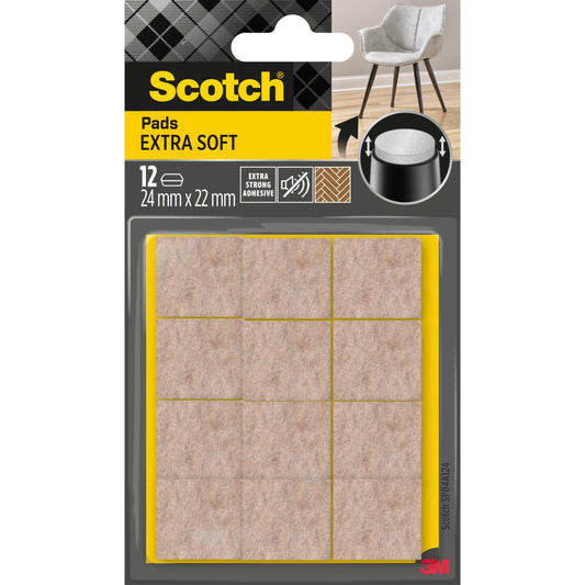 Eine Packung mit 12 Scotch® Extra weiche Filzpads SP84A24 von 3M, selbstklebende beige Filzpads (24 mm x 22 mm) in durchsichtiger Verpackung. Das Etikett hebt ihren extrastarken Klebstoff hervor.