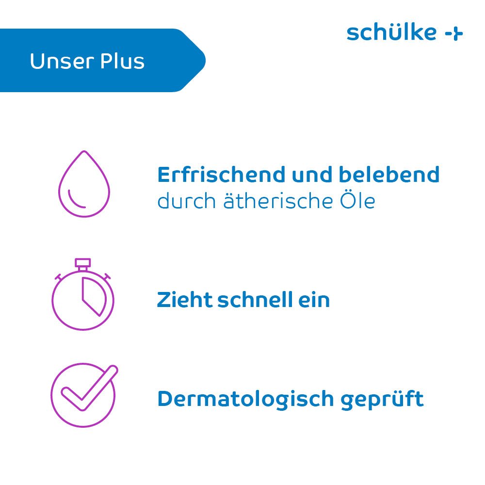 Grafika s německým textem k prezentaci společnosti Schülke & Mayr GmbH, Schülke esemtan® active Gel – 500 ml | láhev (500 ml) a tři symboly. Prvním symbolem je kapka s nápisem „Osvěžující a povzbuzující díky éterickým olejům.“ Druhým symbolem jsou stopky s nápisem „Rychle se vstřebává“. Třetím symbolem je zaškrtávací značka s nápisem „Dermatologicky testováno“.