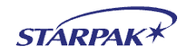 Starpak Logo mit blauem Schriftzug und stilisiertem Swoosh- und Sternendesign über und neben dem Text auf weißem Hintergrund
