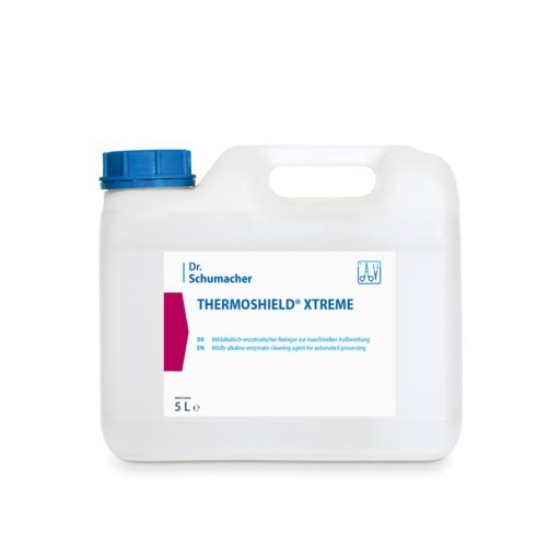 Bílý 5-litrový plastový kontejner s modrým víčkem a nápisem "Dr. Schumacher THERMOSHIELD® XTREME", enzymatický čistič od Dr. Schumacher GmbH pro průmyslové povrchové nátěry, stojí před bílým pozadím.