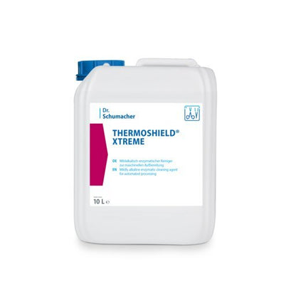 Bílý 10-litrový plastový kontejner s modrým víčkem a nápisem "Dr. Schumacher THERMOSHIELD® XTREME" (od Dr. Schumacher GmbH), s německými informacemi o produktu a symbolem pro automatické zpracování - ideální pro průmyslové povrchové nátěry a ochranu povrchu.
