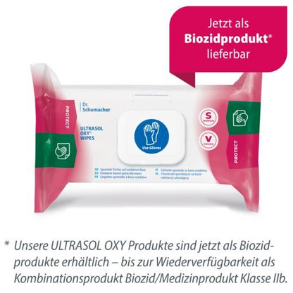 Balení dezinfekčních ubrousků Dr. Schumacher Ultrasol Oxy Wipes (108 ubrousků) je opatřeno modrým symbolem "Use Gloves" (použijte rukavice) a poukazuje na jejich dostupnost jako biocidního produktu, přičemž německý text zdůrazňuje použití pro lékařské vybavení.