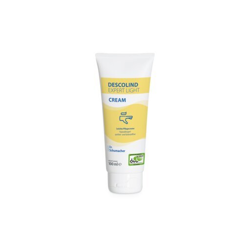 100ml tuba Dr. Schumacher DESCOLIND EXPERT LIGHT CREAM krému na ruce od Dr. Schumacher GmbH, s bílým víčkem a žluto-modrou etiketou, stojí vzpřímeně na bílém pozadí - ideální pro citlivou pokožku a hypoalergenní.