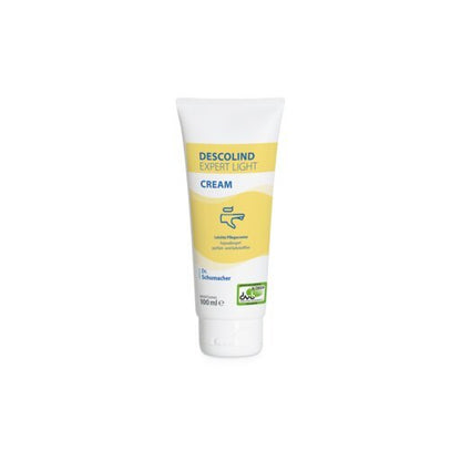 100ml tuba Dr. Schumacher DESCOLIND EXPERT LIGHT CREAM krému na ruce od Dr. Schumacher GmbH, s bílým víčkem a žluto-modrou etiketou, stojí vzpřímeně na bílém pozadí - ideální pro citlivou pokožku a hypoalergenní.