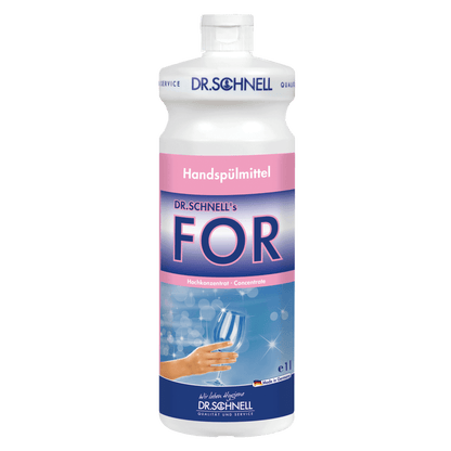 Eine 1-Liter-Flasche Dr. Schnell FOR Handspülmittel der DR.SCHNELL GmbH & Co. KGaA, ein konzentriertes Geschirrspülmittel mit rosa und blauem Etikett, Hand, Blasen, weißem Verschluss und DR.SCHNELL Branding.