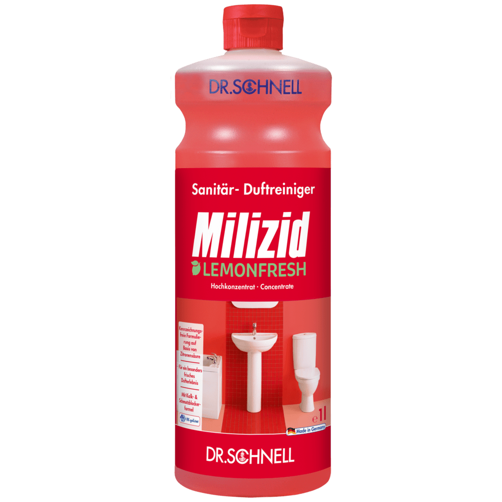 Červená láhev Dr. Schnell MILIZID LEMONFRESH od DR.SCHNELL GmbH & Co. KGaA, s červeným šroubovacím uzávěrem, německým textem a obrázky umyvadla a toalety na etiketě.