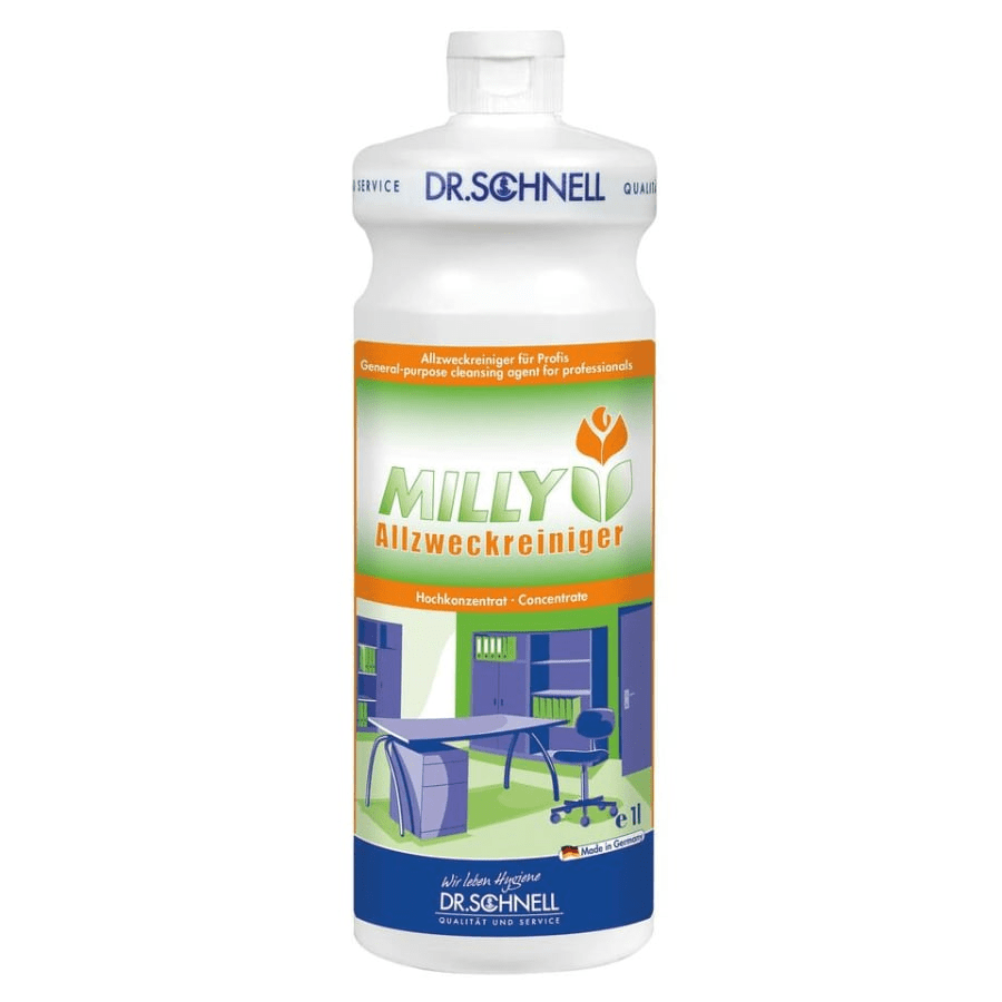 Láhev Dr. Schnell MILLY VŠEOBECNÝ ČISTIČ od DR.SCHNELL GmbH & Co. KGaA, koncentrovaný univerzální čistič pro profesionály, zobrazená u kancelářského nábytku a čisticích zařízení - ideální pro silné odstraňování mastnoty v každodenním životě.