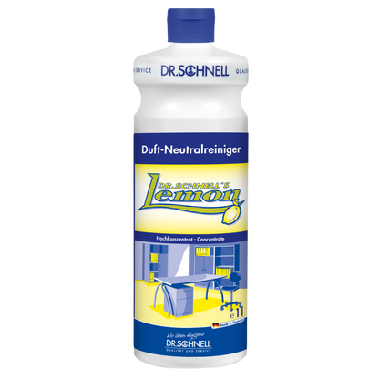 Eine Kunststoffflasche von Dr. Schnell DR.SCHNELL'S LEMON der DR.SCHNELL GmbH & Co. KGaA, mit blauem Verschluss und gelb-blauem Etikett, das eine moderne Küche zeigt, ideal für die Haushaltsreinigung.