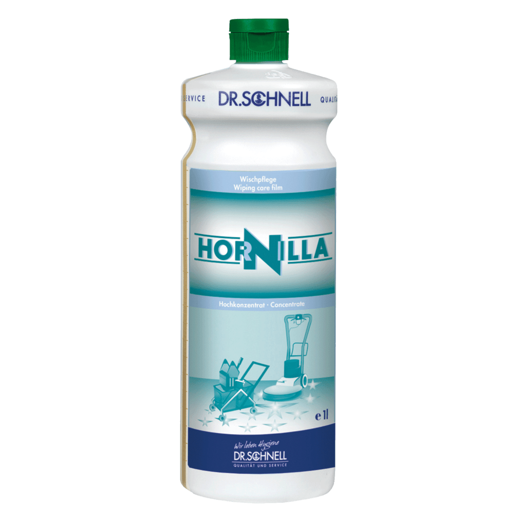 Bílá litrová láhev Dr. Schnell HORNILLA od DR.SCHNELL GmbH & Co. KGaA, se zeleným uzávěrem, modrým a modrozeleným štítkem s obrázky čisticích zařízení, vyvinuta pro silné profesionální čištění.