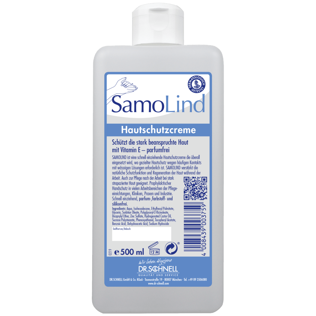 Láhev o objemu 500 ml Dr. Schnell SAMOLIND ochrana pokožky od DR.SCHNELL GmbH & Co. KGaA s modro-bílým nápisem, detaily produktu, čárovým kódem, QR kódem a textem o ochraně pokožky s vitamínem E pro profesionální použití.