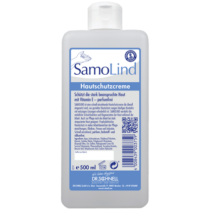 Láhev o objemu 500 ml Dr. Schnell SAMOLIND ochrana pokožky od DR.SCHNELL GmbH & Co. KGaA s modro-bílým nápisem, detaily produktu, čárovým kódem, QR kódem a textem o ochraně pokožky s vitamínem E pro profesionální použití.