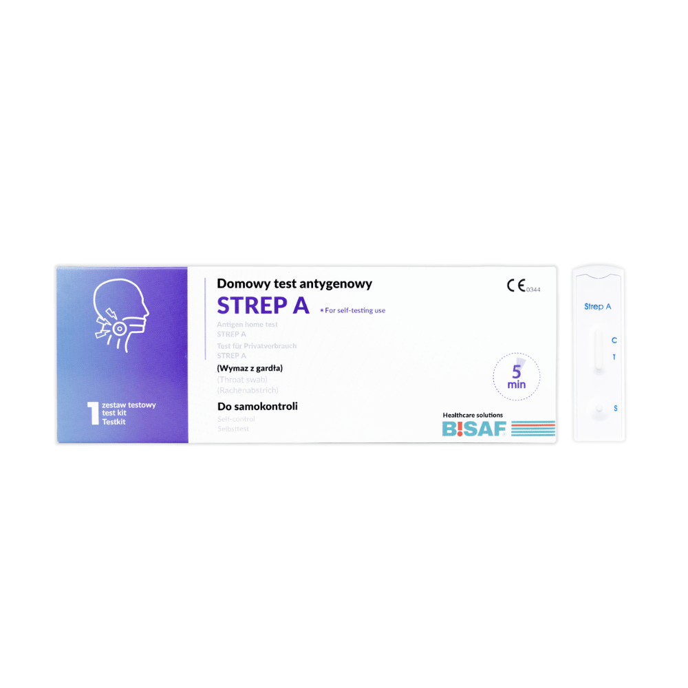 Obdélníková krabička s nápisem "Strep A - Bisaf Selftest | Balení (1 kus)" od Altruan, s polským návodem, grafikou pro hlavu a krk a Strep-A testovací kazetou. Logo BISAF se nachází v pravém dolním rohu.