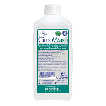 Láhev s 1 000 ml Dr. Schnell CIMOWASH antimikrobiální mycí lotion od DR.SCHNELL GmbH & Co. KGaA s bílým uzávěrem a podrobnou, vícejazyčnou etiketou pro jemné čištění a ochranu pokožky.