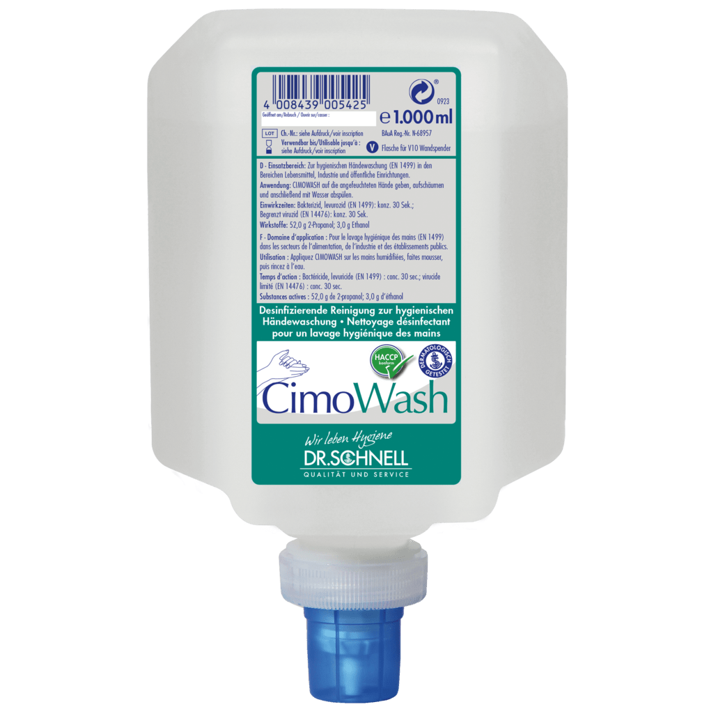 Bílý plastový kontejner s 1 000 ml Dr. Schnell CIMOWASH antimikrobiální mycí lotion od DR.SCHNELL GmbH & Co. KGaA, s modrým uzávěrem a zeleno-bílou etiketou s vícejazyčným návodem k použití.