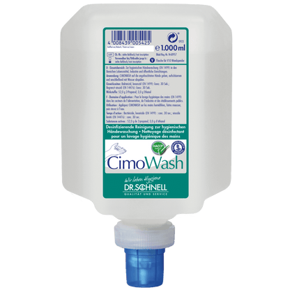 Bílý plastový kontejner s 1 000 ml Dr. Schnell CIMOWASH antimikrobiální mycí lotion od DR.SCHNELL GmbH & Co. KGaA, s modrým uzávěrem a zeleno-bílou etiketou s vícejazyčným návodem k použití.