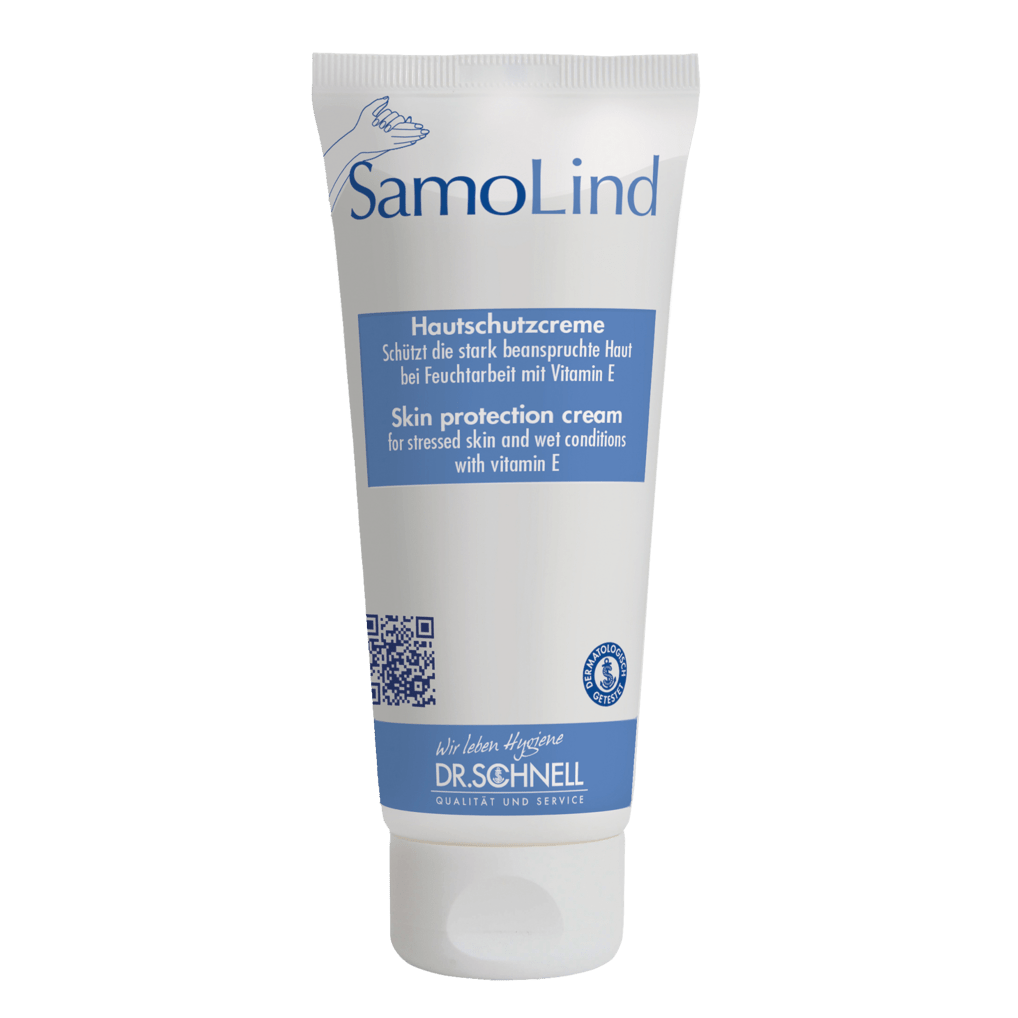 Bílá tuba Dr. Schnell SAMOLIND ochrana pokožky od DR.SCHNELL GmbH & Co. KGaA s modrými akcenty a německo/anglickým textem. Krém chrání namáhanou pokožku při vlhkosti a obsahuje vitamín E.