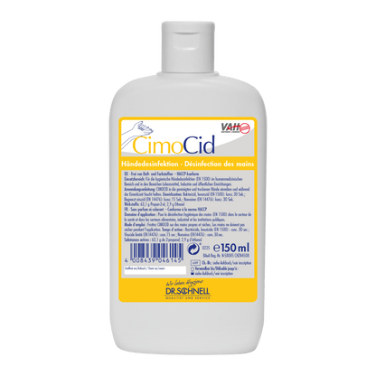 Bílá plastová láhev s Dr. Schnell CIMOCID SENSITIVE dezinfekce na ruce (150 ml) od DR.SCHNELL GmbH & Co. KGaA, s žluto/modrou německou a francouzskou etiketou s informacemi o účinném snížení počtu bakterií, čárovým kódem a uzavřeným uzávěrem.