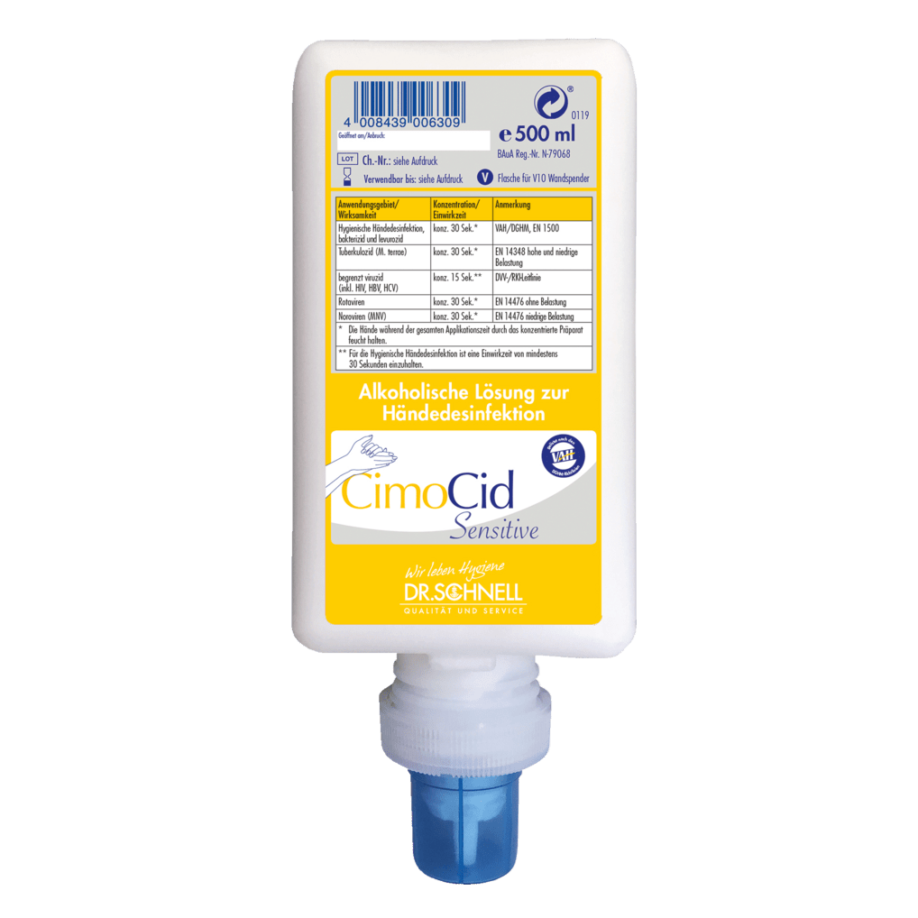 Bílá láhev 500 ml Dr. Schnell CIMOCID SENSITIVE dezinfekce na ruce od DR.SCHNELL GmbH & Co. KGaA, s modrým uzávěrem a žluto-modrou etiketou v německém jazyce. Jemná k pokožce, vhodná pro účinné snížení počtu bakterií.