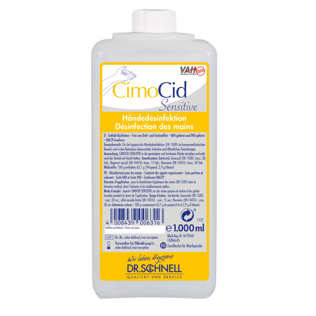 Obdélníková láhev 1 litr Dr. Schnell CIMOCID SENSITIVE dezinfekce na ruce od DR.SCHNELL GmbH & Co. KGaA s německým a francouzským návodem k použití na bílo-žluté etiketě a bílým uzávěrem pro účinné snížení počtu bakterií.
