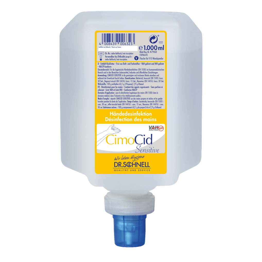 Láhev 1000 ml Dr. Schnell CIMOCID SENSITIVE dezinfekce na ruce od DR.SCHNELL GmbH & Co. KGaA je v kvadratickém designu se šroubovacím uzávěrem na dně a žluto-bílou etiketou, která zdůrazňuje jemný a účinný hygienický vzorec.