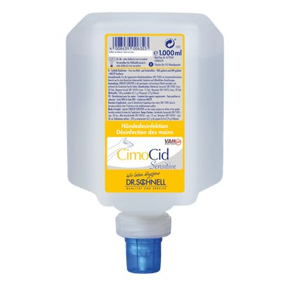Láhev 1000 ml Dr. Schnell CIMOCID SENSITIVE dezinfekce na ruce od DR.SCHNELL GmbH & Co. KGaA je v kvadratickém designu se šroubovacím uzávěrem na dně a žluto-bílou etiketou, která zdůrazňuje jemný a účinný hygienický vzorec.
