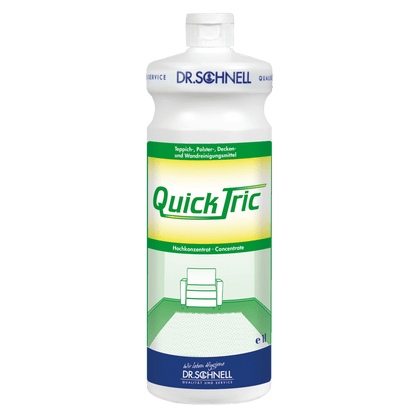 Eine weiße 1-Liter-Flasche Dr. Schnell QUICK TRIC der DR.SCHNELL GmbH & Co. KGaA, mit einem grün-gelben Etikett, das einen Stuhl in einem Raum mit grünem Teppichboden zeigt, blauer Schrift und weißem Verschluss - perfekt für die professionelle Reinigung.