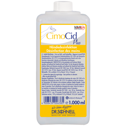 Eine 1.000 ml Flasche Dr. Schnell CIMOCID PLUS Händedesinfektion der DR.SCHNELL GmbH & Co. KGaA mit weißer Kappe und gelb-blauem Etikett mit Produktangaben in Deutsch und Französisch.
