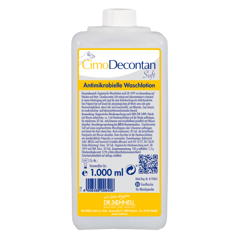 Láhev o objemu 1.000 ml Dr. Schnell CIMODECONTAN SOFT Antimikrobiální mycí emulze od DR.SCHNELL GmbH & Co. KGaA, se žluto-modrou etiketou a německým návodem pro hygienické čištění pokožky a rukou.