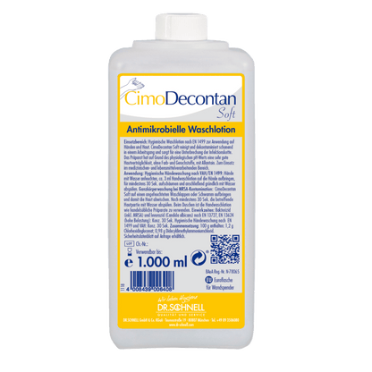 Láhev o objemu 1.000 ml Dr. Schnell CIMODECONTAN SOFT Antimikrobiální mycí emulze od DR.SCHNELL GmbH & Co. KGaA, se žluto-modrou etiketou a německým návodem pro hygienické čištění pokožky a rukou.