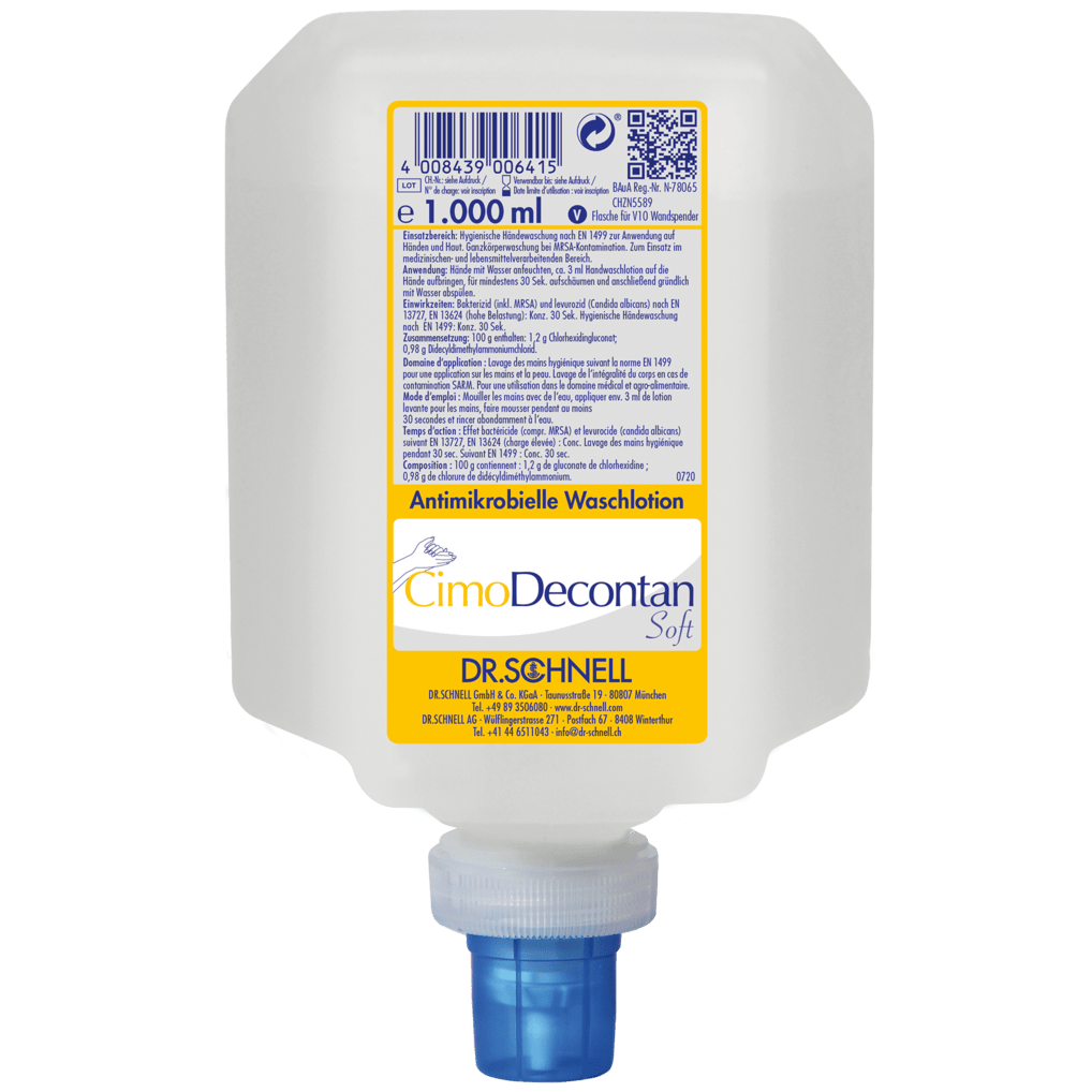 Plastový dávkovač o objemu 1000 ml Dr. Schnell CIMODECONTAN SOFT Antimikrobiální mycí emulze od DR.SCHNELL GmbH & Co. KGaA, se žluto-bílou etiketou a modrým uzávěrem, pro hygienické čištění pokožky a rukou.