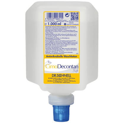 Plastový dávkovač o objemu 1000 ml Dr. Schnell CIMODECONTAN SOFT Antimikrobiální mycí emulze od DR.SCHNELL GmbH & Co. KGaA, se žluto-bílou etiketou a modrým uzávěrem, pro hygienické čištění pokožky a rukou.