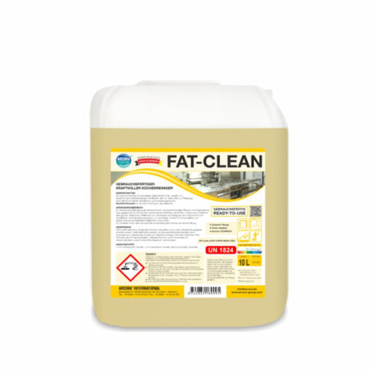 Ein rechteckiger 10-Liter-Kanister mit der Aufschrift "Arcora Fat-Clean Gebrauchsfertiger Kraftvoller Küchenreiniger" der Arcora International GmbH, mit Gefahrensymbolen, Verwendungshinweisen, Küchenbildern und weißem Deckel.