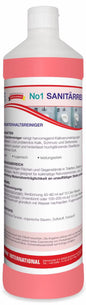Eine Flasche Arcora No1 Sanitärreiniger Sanitärunterhaltsreiniger der Arcora International GmbH, rosafarben, mit deutschem Etikett mit Inhaltsstoffen, Anwendungshinweisen und Sicherheitshinweisen zur Reinigung von Sanitäranlagen.