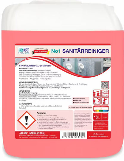 Růžový 10-litrový kontejner s Arcora No1 Sanitärreiniger Sanitární údržbový čistič od Arcora International GmbH, s etiketou s pokyny, bezpečnostními varováními, symboly nebezpečí a obrázky čistých toaletních zařízení.