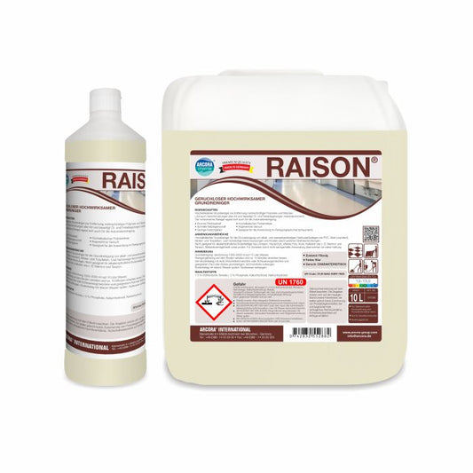 Zwei Gebinde des Arcora RAISON Geruchloser Hochwirksamer Grundreiniger von Arcora International GmbH, eine Flasche und ein großer Krug mit detaillierter deutscher Beschriftung, sind vor weißem Hintergrund abgebildet - ideal für professionelle Reinigungsaufgaben.