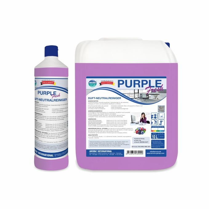 Jedna 1-litrová láhev a 10-litrový kanystr Arcora PURPLE FRESH DUFT-NEUTRALREINIGER od společnosti Arcora International GmbH, pH neutrální fialový čistič s modrými, bílými a červenými etiketami na produktu.