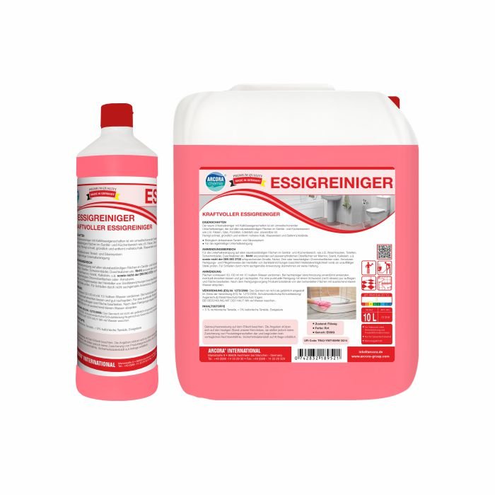 Dva balení Arcora International GmbH Arcora ESSIGREINIGER KRAFTVOLLER ESSIGREINIGER - jedna 1-litrová láhev a jeden 10-litrový džbán - jsou zobrazeny v bílé barvě s červenými etiketami v němčině. Tento silný čistič účinně odstraňuje vápenaté usazeniny.