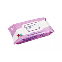 Eine versiegelte Packung Meditrade Gentle Med® Feuchtpflegetücher der Meditrade GmbH mit 80 Tüchern für die Pflege empfindlicher Haut kommt in einer lila-weißen Verpackung mit deutscher Aufschrift und weißem wiederverschließbarem Etikett.