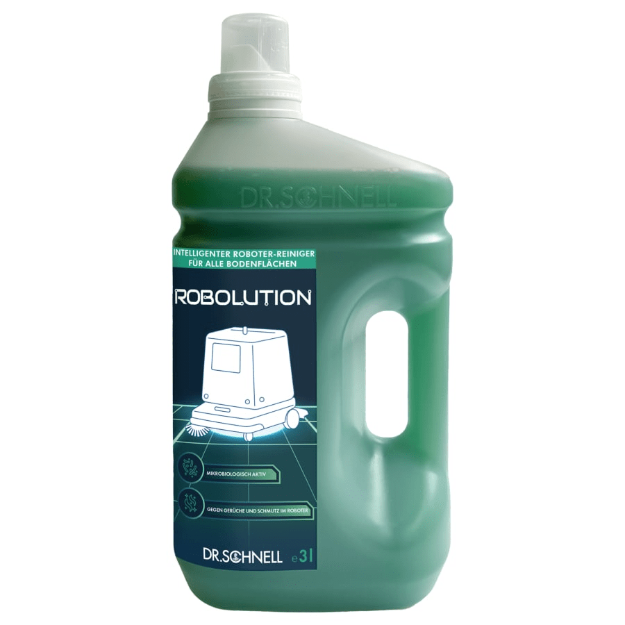 Velká zelená 3litrová plastová láhev DR.SCHNELL GmbH & Co. KGaA Robolution 2-v-1 robotický čistič, s rukojetí, bílým víčkem a etiketou, která zobrazuje kresbu čistícího robota a německé produktové informace.