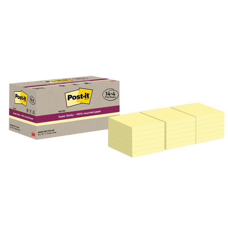 Krabice 3M Post-it® Super Sticky 100% recyklovaných poznámkových bloků (76x76mm, 70 listů/blok, 100% PEFC) je vystavena vedle dvanácti hromádek žlutých lístků, přičemž každá hromádka obsahuje několik jednotlivých samolepicích poznámek.