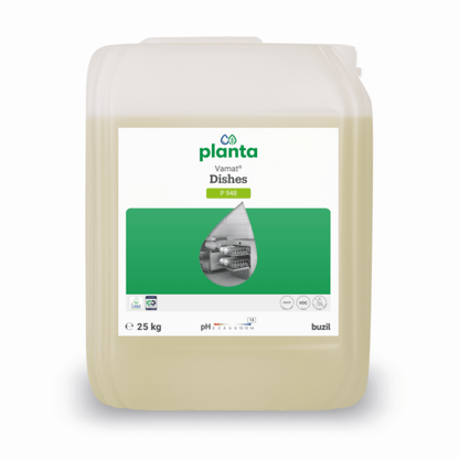 25litrový kanystr z průhledného plastu s přípravkem Vamat® P948 od společnosti BUZIL-WERK, ekologickým alkalickým tekutým čisticím prostředkem na sklo a nádobí pro profesionální myčky, se zeleno-bílou etiketou a fotografií kuchyňského nádobí na přední straně.