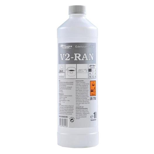 GastroPower V2-RAN, 1 l (4*1) od Abena Re-Seller GmbH: Čistič nerezové oceli v plastové láhvi se šedobílou etiketou, návodem, pH stupnicí a symboly nebezpečí - ideální pro hygienické čištění v gastronomických provozech.