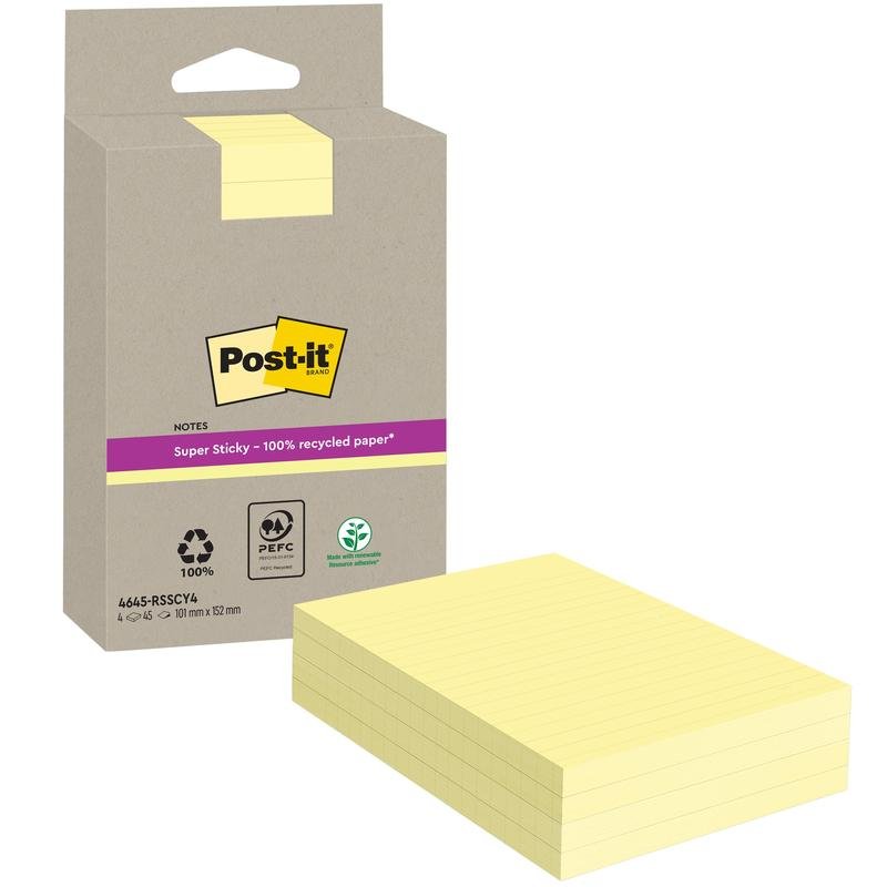 Zobrazen je balíček Post-it® Super Sticky 100% Recycling Notes od společnosti 3M Deutschland GmbH (žluté, linkované, 102 x 152 mm, 45 listů/blok, 4 bloky/balíček) s hnědým obalem PEFC (SGSCH-PEFC-COC-110078) a žlutým štítkem.