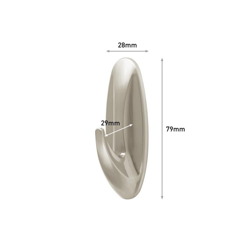 Command™ Medium Designer-Háček v kovovém vzhledu od 3M Deutschland GmbH (17081BN) je zobrazen. Rozměry: 28 mm šířka, 29 mm hloubka, 79 mm výška - označeno šipkami a textem.